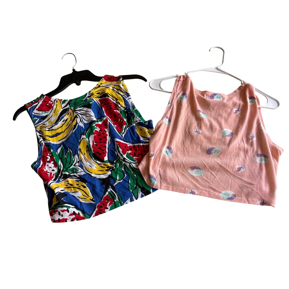 2 Vintage 80s Fruit Print Crop Tops  Cutout Back Tropical Beachcore XS